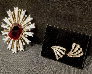 Kenneth Jay Lane Red Stone Pin Rhinestone Earrings