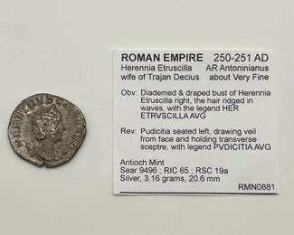 Roman: 250-251 AD Herennia Etruscilla Silver Antoninianus