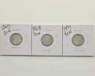 1865, 1879 & 1871 Three Cent Coins