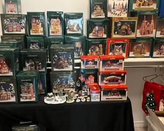 CHRISTMAS VILLAGE COLLECTION - 2 BINS FULL OF ACCESSORIES, LIGHTS, ETC.