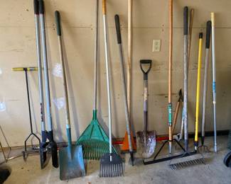 Garden tools, shovel, rake, post hole digger