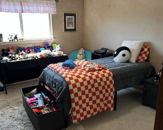 childs twin bed, collectible toys