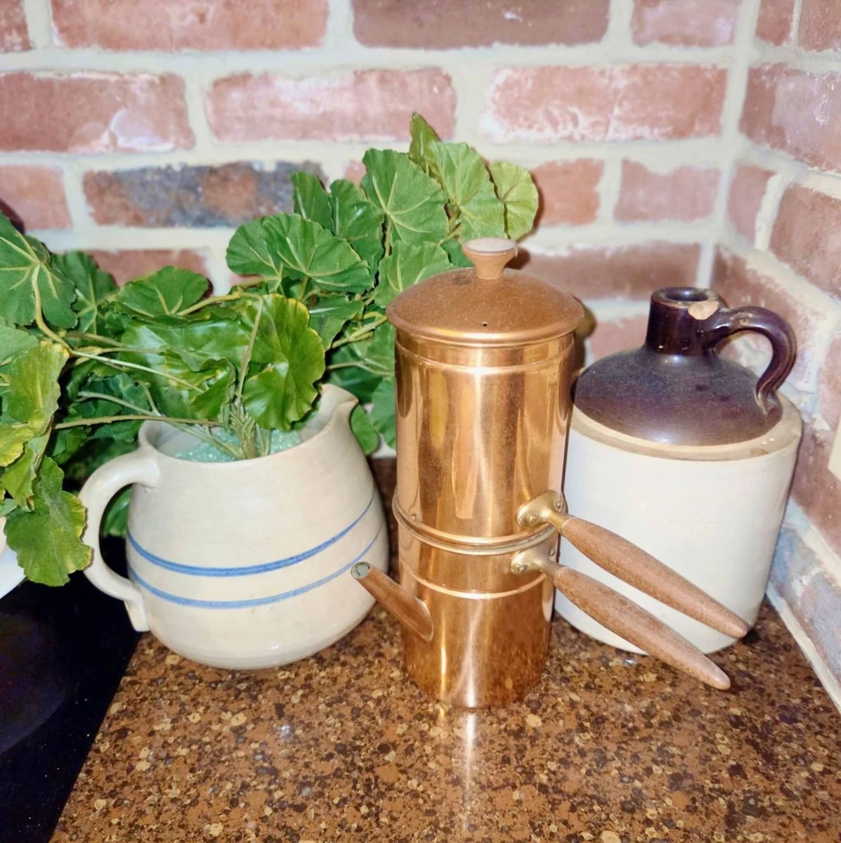 cuccumella copper flip coffee maker. farmhouse style pottery pitcher and crock jug