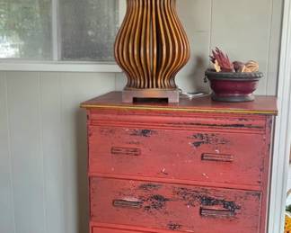 Distressed farmhouse rustic red painted wooden chest of drawers 