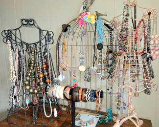 Jewelry. Wired Birdcage and pedatsal silhouette jewerly displays.
