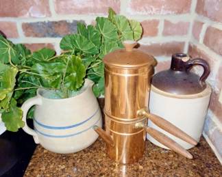 cuccumella copper flip coffee maker. farmhouse style pottery pitcher and crock jug