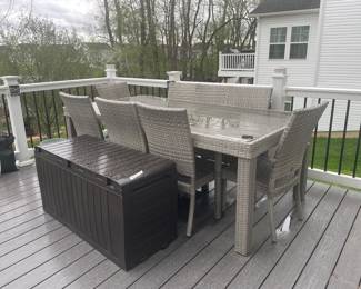 9-Piece Patio Set: 8-Chairs w/Cushions Large Table & Storage Bin