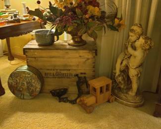 Antique wooden crate, oil lamp holder