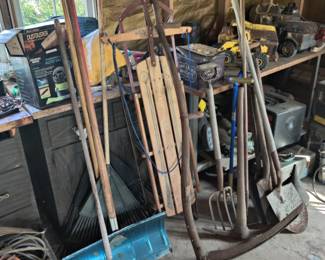 sled, yard tools, garage stuff