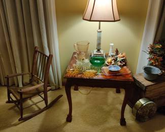 Antique child's rocking chair, table, lamp