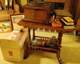 Antique parlor table, phonograph player