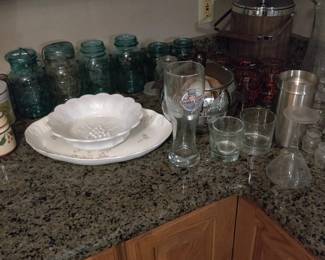 Milk glass and antique jars