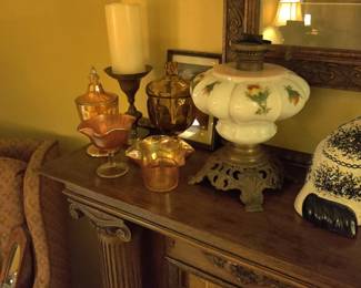 Carnival glass, antique oil lamp