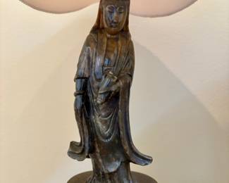 Carved stone and brass Asian lamps