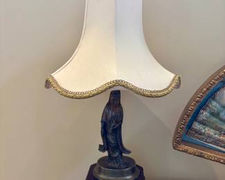 Carved stone and brass Asian lamps