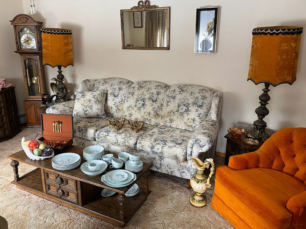 MCM Brass Velvet Shade Lamps; MCM End Tables and Coffee Table; Howard Miller Grandmother Clock; Orange Button Arm Chair; England Couch; 