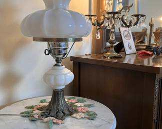 Milk Glass Shade MCM Table Lamp w/ Turn Key on Marble Top Table;
