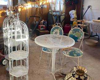 Outdoor Bistro Set, Awesome Vintage Hanging "Tiffany Style" Light Fixture, Pair of Antique Bird Cage Style Stands; Tools