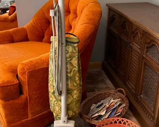 Vintage Hoover (Refurbished @ Dunmore Sweeper Central); Vintage Plastic Waste Basket w/ Flowered Lid