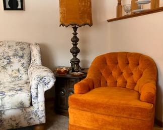 Tufted Button Arm Chair in Orange Velour (Furniture City Upholstery, Michigan); MCM Brass Lamp w/ Velvet Shade; 