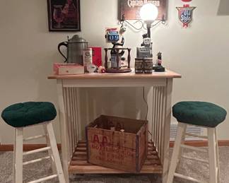 Vintage Bar Decor Collection with Advertising Signs, Pitcher, Crate, and Stools