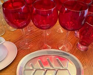 Set of Ruby Red Wine Glasses and Silver Plated Carving Tray