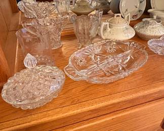 Vintage Oak China Cabinet with Assorted Glassware and China second image
