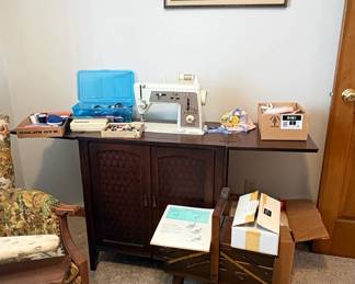 Singer Sewing Machine with Cabinet and Accessories
