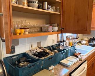 Assorted Kitchenware and Tableware Collection with Storage Crates