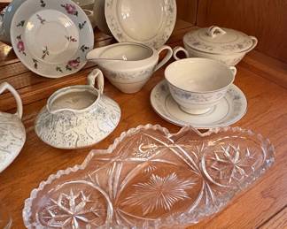 Vintage Oak China Cabinet with Assorted Glassware and China third image