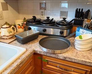 TRU Triple Slow Cooker with Griddle Pan, Loaf Pan, and Oval Ramekins