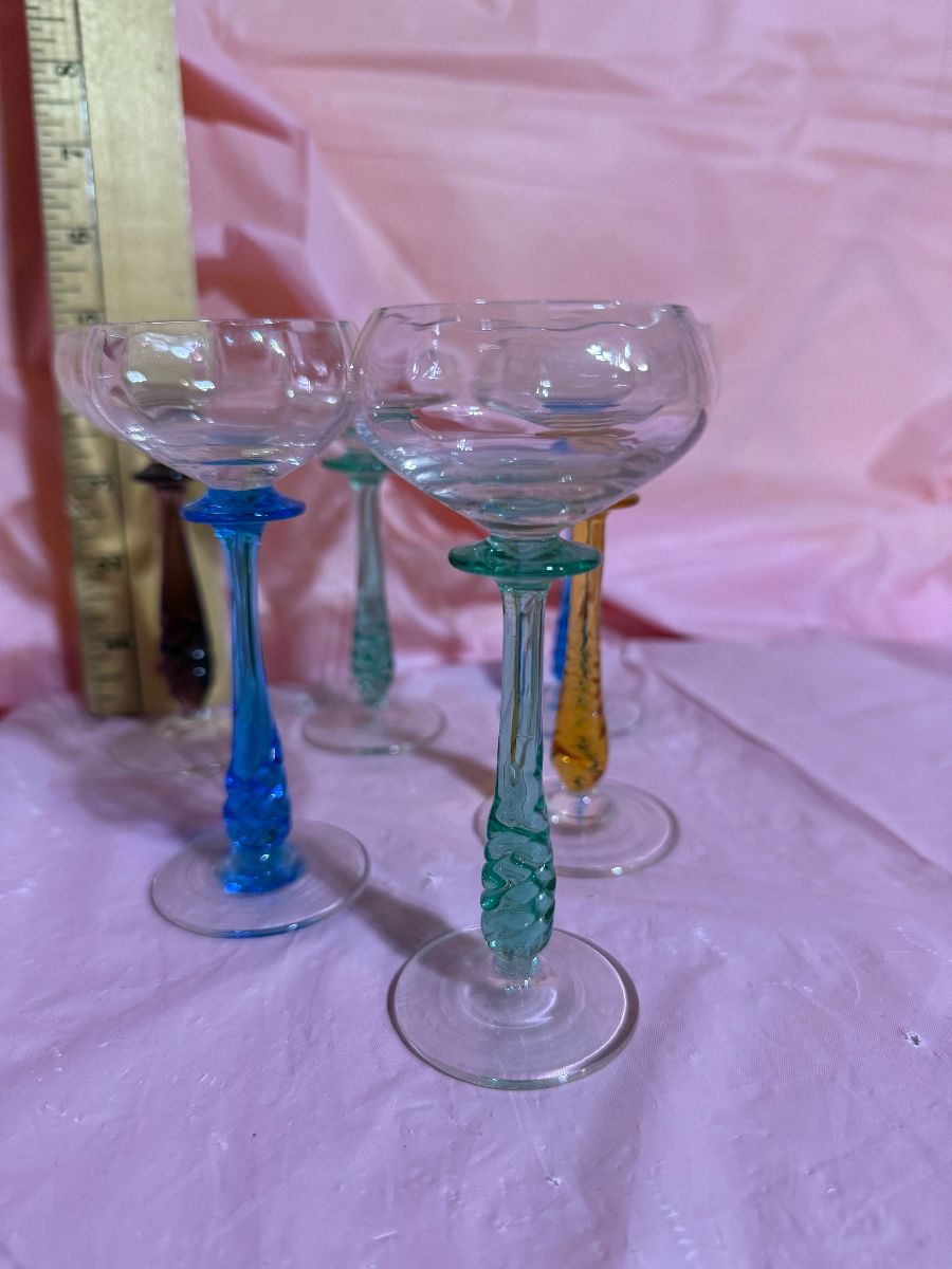 6 Colored Stemed Glasses $60.00
