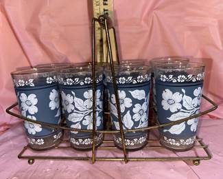 Hazel Atlas Dogwood Glass Set with Holder $18.00