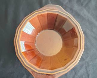 Vintage Octagonal Brown Glazed Ceramic Bowl with Handles