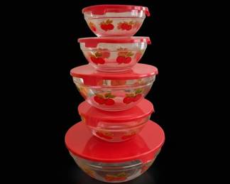 Vintage Apple Pattern Mixing Bowls with Lids