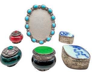 Vintage Decorative Trinket Boxes & Turquoise-Style Tabletop Frame
