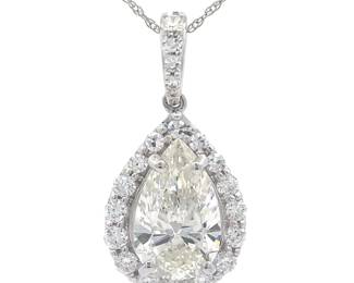 3 Carat Diamond Pear Halo Drop Pendant Necklace in 14k White Gold