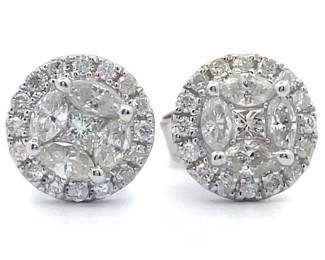 0.82 Carat Diamond Cluster Halo Stud Earrings in 14k White Gold