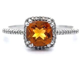 Natural Citrine & Natural Diamond Halo Basket Cathedral Ring in White Gold