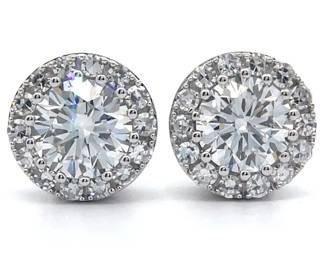 3 Carat Round Diamond Halo Stud Earrings in 14k White Gold