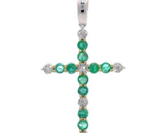 1.10 Carat Natural Emerald & Diamond Cross Pendant Necklace in 14k Gold