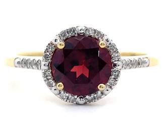 Natural Red Garnet & Natural Diamond Halo Ring in Yellow Gold