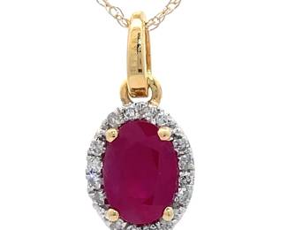 Oval Natural Ruby & Natural Diamond Halo Pendant Necklace in 14k Gold