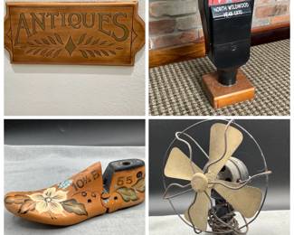 Vintage fan, folk art painted shoe mold, antique sign and parking meter