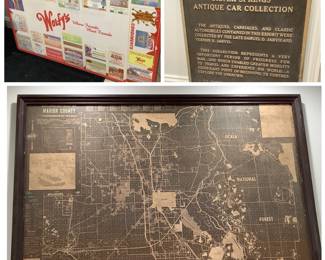 Ocala Map, bronze Silver Springs Antique Car Collection sign, Wolfy's Diner table top