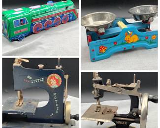 1940s toy sewing machines, train and scale