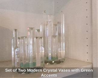 Set of Two Modern Crystal Vases with Green Accents