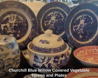 Churchill Blue Willow Covered Vegetable Tureen and Plates