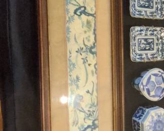Framed Antique Chinese Silk Embroidery Panel with Blue and White Porcelain Items