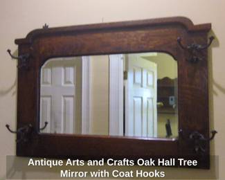 Antique Arts and Crafts Oak Hall Tree Mirror with Coat Hooks